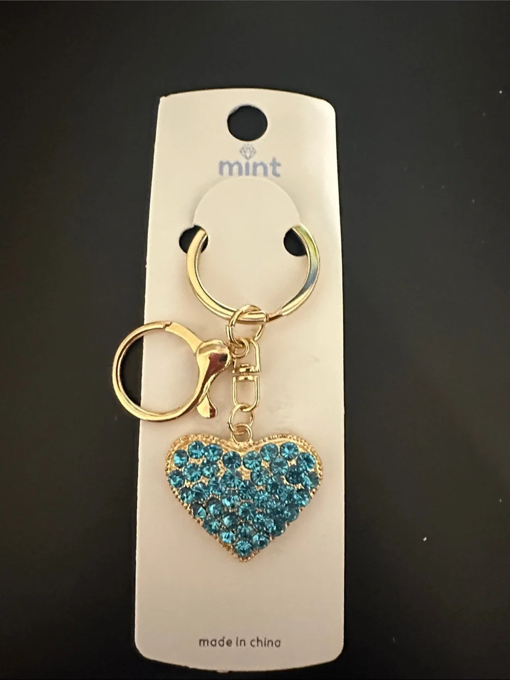 Mint Gold-tone Keychain with Blue Crystal Heart